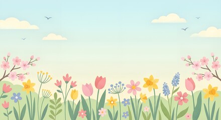 Gentle spring flower field with blooming tulips and daffodils under a blue sky for a seasonal awakening concept and natural beauty background