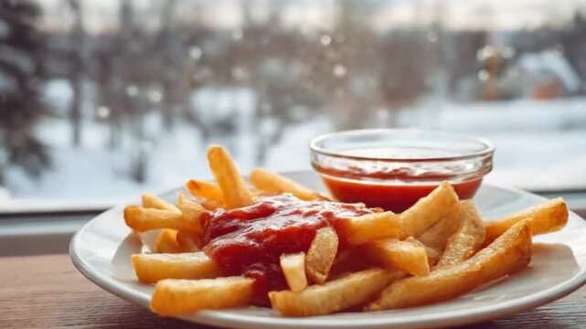 A close-up shot of a serving of golden, crispy french fries generously covered in vibrant red ketchup, alongside a small glass bowl of additional ketchup for dipping. The inviting meal rests on a clea