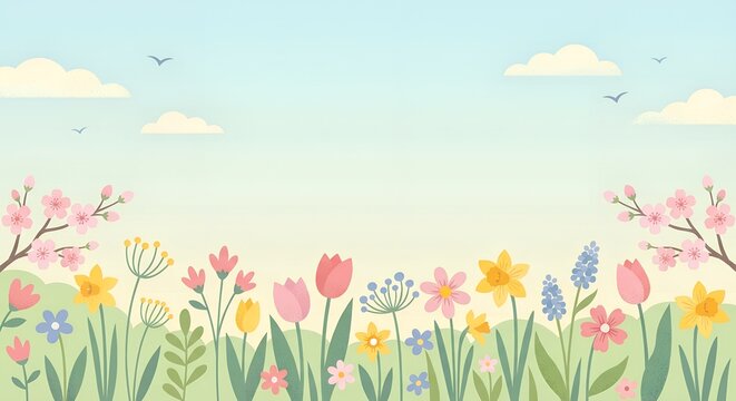Gentle spring flower field with blooming tulips and daffodils under a blue sky for a seasonal awakening concept and natural beauty background