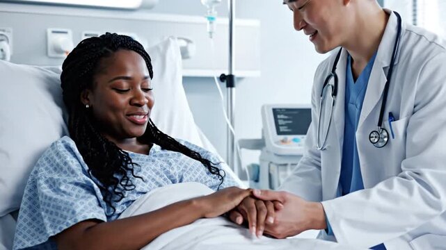 Hope and Compassion: A doctor provides support and reassurance to a patient. The gentle touch, empathetic gaze, and supportive environment showcase the essence of care and recovery.