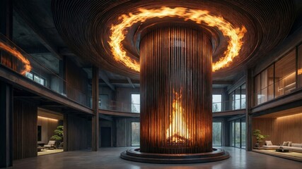 Futuristic corten steel cylinder fireplace with rotating flames in modern loft