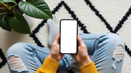 Person holding a smartphone with a blank screen while sitting on a rug