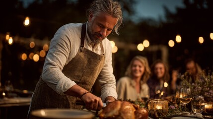 Outdoor dinner gathering with man carving roast, festive evening atmosphere