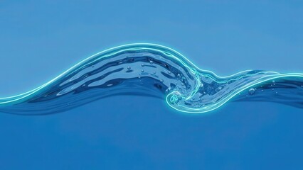 A close-up view of a wave of water with a glowing blue outline against a solid blue background