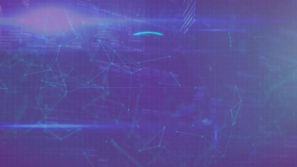 Animation of fingerprint and digital shields over violet background with constellations - Powered by Adobe