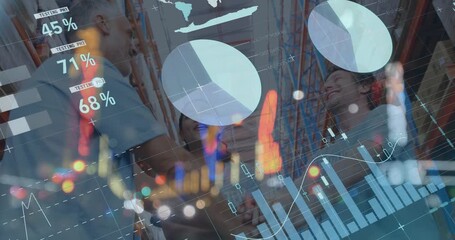 Animation of graphs and data over happy diverse female and male warehouse workers - Powered by Adobe