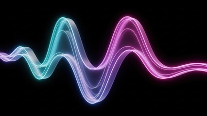 A vibrant neon waveform glows against a dark background with purple and blue hues.