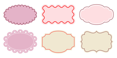 Obraz na płótnie Canvas Set of elegant labels, tags and frames with scalloped edges, wavy lines and lace decor. Ornate empty templates for invitation and card design. Feminine vector borders