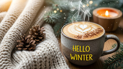 Steaming coffee with heart latte art and "Hello Winter" text in a cozy winter setting, symbolizing warmth and connection