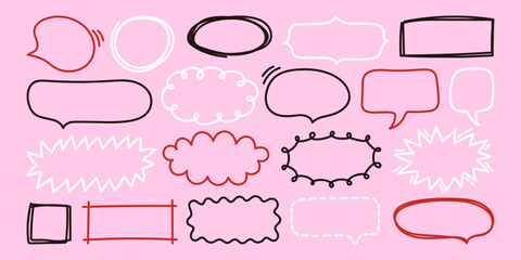 Simple doodle frames and speech bubbles with curls and swirls. Playful outline clouds and blank templates for journal, sccrapbook design. Line art chat shapes. Vector illustrations