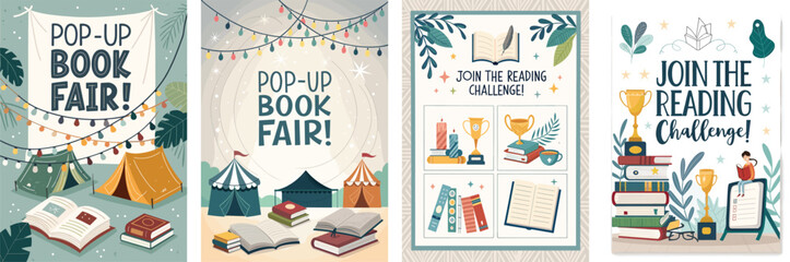 Creative book fair reading challenge posters celebrating literature and imagination