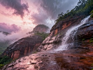A dramatic waterfall cascades down a rocky cliff during a rainstorm under a colorful, cloudy sky.