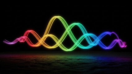 A vibrant and colorful light installation in the dark with rainbow colored waves