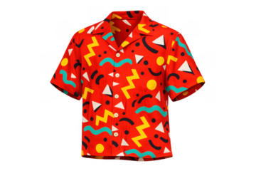 Red collared shirt with vibrant 90s style abstract patterns, reflecting retro fashion and summer holiday vibes