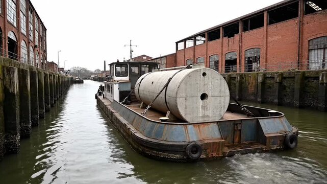 Industrial Barge Hauling GIANT Concrete Pipe Through Urban Canal