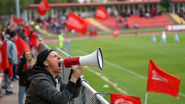 Football fans cheering loudly in night stadium concept. A passionate supporter shouts into a megaphone while waving a flag.