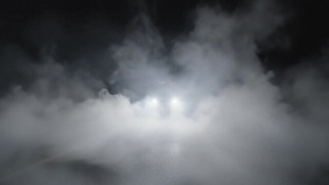 Car headlights shining through thick fog on a dark night, creating a mysterious and atmospheric scene