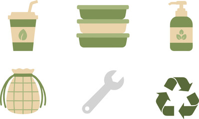 Eco friendly lifestyle icon set featuring reusable cup, food containers, soap dispenser, mesh bag, repair tool and recycling symbol, minimalist flat vector illustration for sustainability concepts