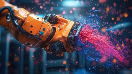 Orange robotic arm spraying colorful powder, pink and blue, in a dynamic industrial manufacturing process, showcasing automation and advanced technology