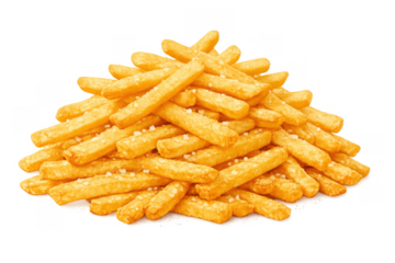Pile of golden salty french fries, a popular quick service restaurant side dish or snack, ready for serving on a transparent background