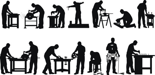 Set of woodworking and carpenter worker silhouettes showing industrial labor, workshop tools, construction craftsmanship and skilled trade professions in action