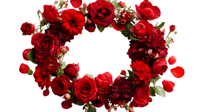 Red rose floral wreath on black isolated on transparent background - Powered by Adobe