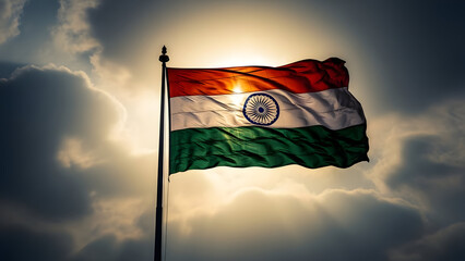 Indian national flag waving proudly against a dramatic sky with backlit clouds