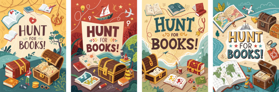 Four book fair treasure hunt posters with whimsical illustrations and text