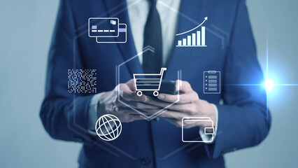 Digital online shopping and fintech payment. Mobile banking app, e-commerce market, virtual credit card, internet retail business, smart wallet technology, and global trade network.