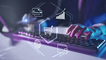 Digital online shopping and fintech payment. Mobile banking app, e-commerce market, virtual credit card, internet retail business, smart wallet technology, and global trade network.