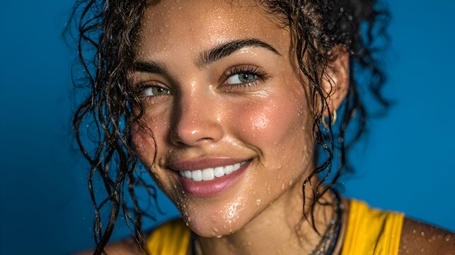 A beautiful woman with wet curly hair and glowing skin smiles radiantly against a vibrant blue background with visible water droplets on face.
