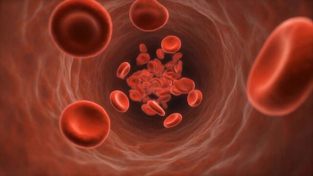 3D medical illustration of red blood cells flowing inside a human blood vessel. Concept of blood circulation, cardiovascular system, healthcare, medicine, biology, and human anatomy.