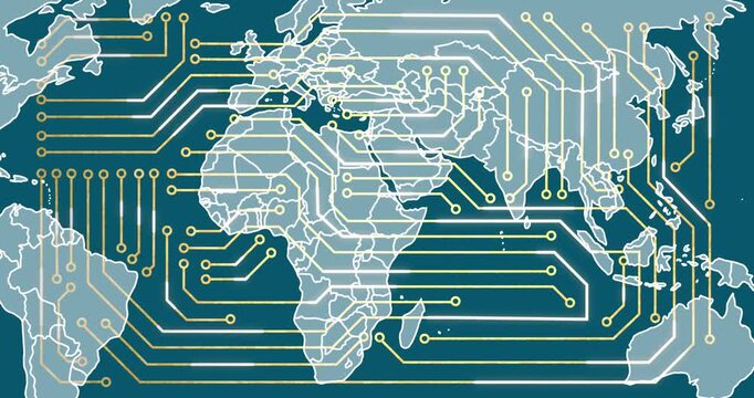 Animation of integrated circuit over world map on green background