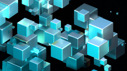 Abstract technology background with 3D cubes in space, blue neon glowing cubes on black, 3d technology science wallpaper.