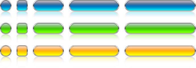 Colorful glass buttons set with metallic frame, shiny navigation panel for website.