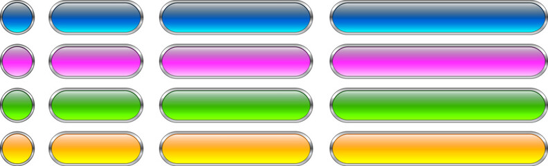 Colorful glass buttons set with metallic frame, shiny navigation panel for website.
