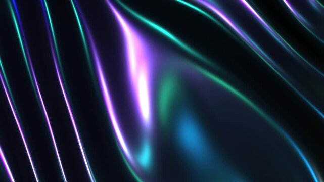 Purple green 3D abstract graphics background animation, bright moving waves, shiny and glossy metallic silk waves, 4K video animation.