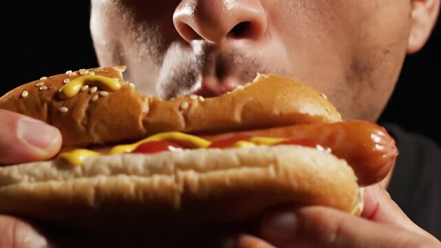 A Person's Gastronomic Experience While Enjoying a Delicious Hotdog in Cinematic Close-up
