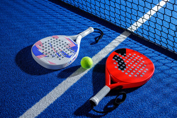 Two padel rackets and ball near net on blue court for doubles match concept