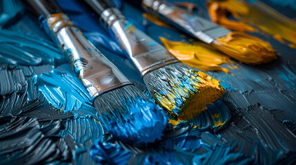 Close-up of paintbrushes with blue paint for artistic inspiration and design projects