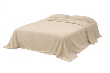 Beige double bed with soft sheet and pillows, concept of comfort, relaxation, and peaceful sleep on transparent background