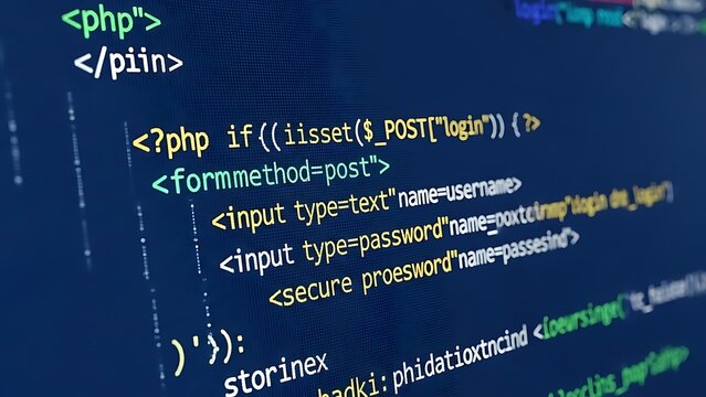 Code, HTML, php web programming source code. Abstract code background - 3d rendering