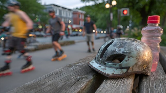 Inline skating helmet rests on a park bench near a plastic bottle as inline skaters speed by on a summer evening in an urban park area.
