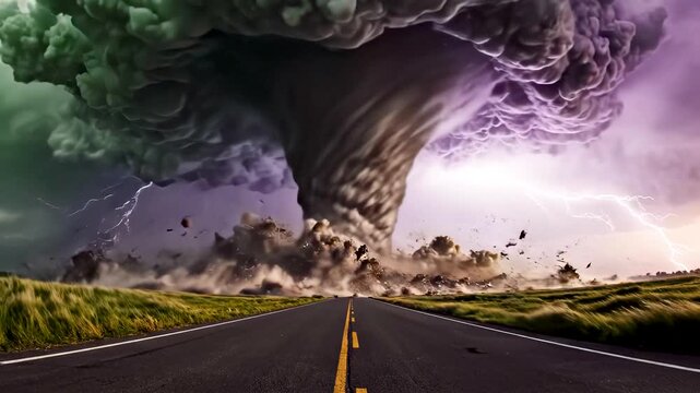 Massive Midwest supercell tornado touching down near lonely road with violent rotation lightning strikes and dark storm clouds at twilight