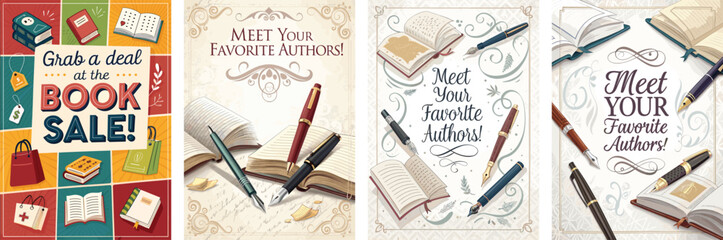 Creative book signing fair poster with artistic pens and book sale promotions