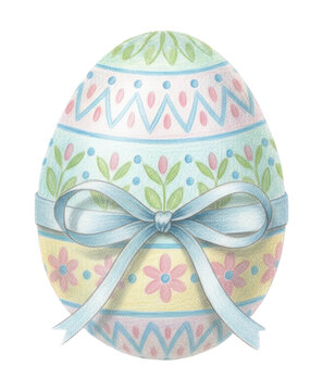 Floral Easter Egg With Blue Ribbon Bow showing zig-zag lines and leaf patterns tied with thin string designed as colored pencil sketch.