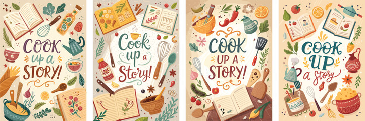Creative cookbook fair poster savory greetings and culinary inspiration with food elements