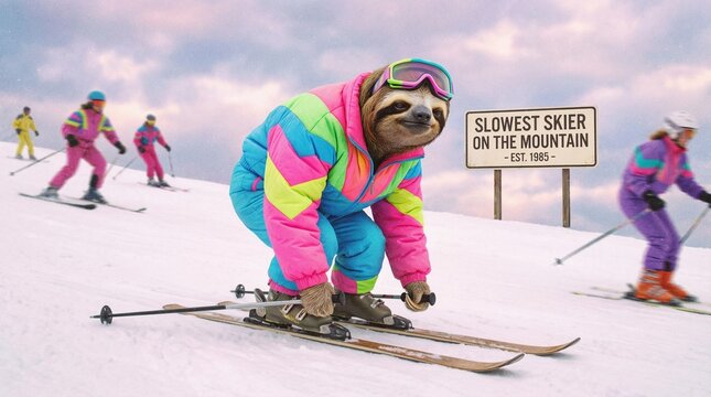 Humorous sloth in a vibrant retro ski suit skiing down a snowy mountain slope with a funny sign