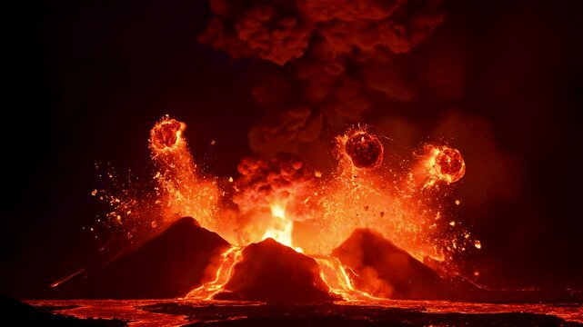 Violent night eruption of massive stratovolcano with towering ash column glowing magma lava flows lightning and extreme contrast sky