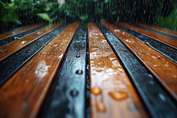 A Close-Up of Rain Splashing on a Wooden Deck